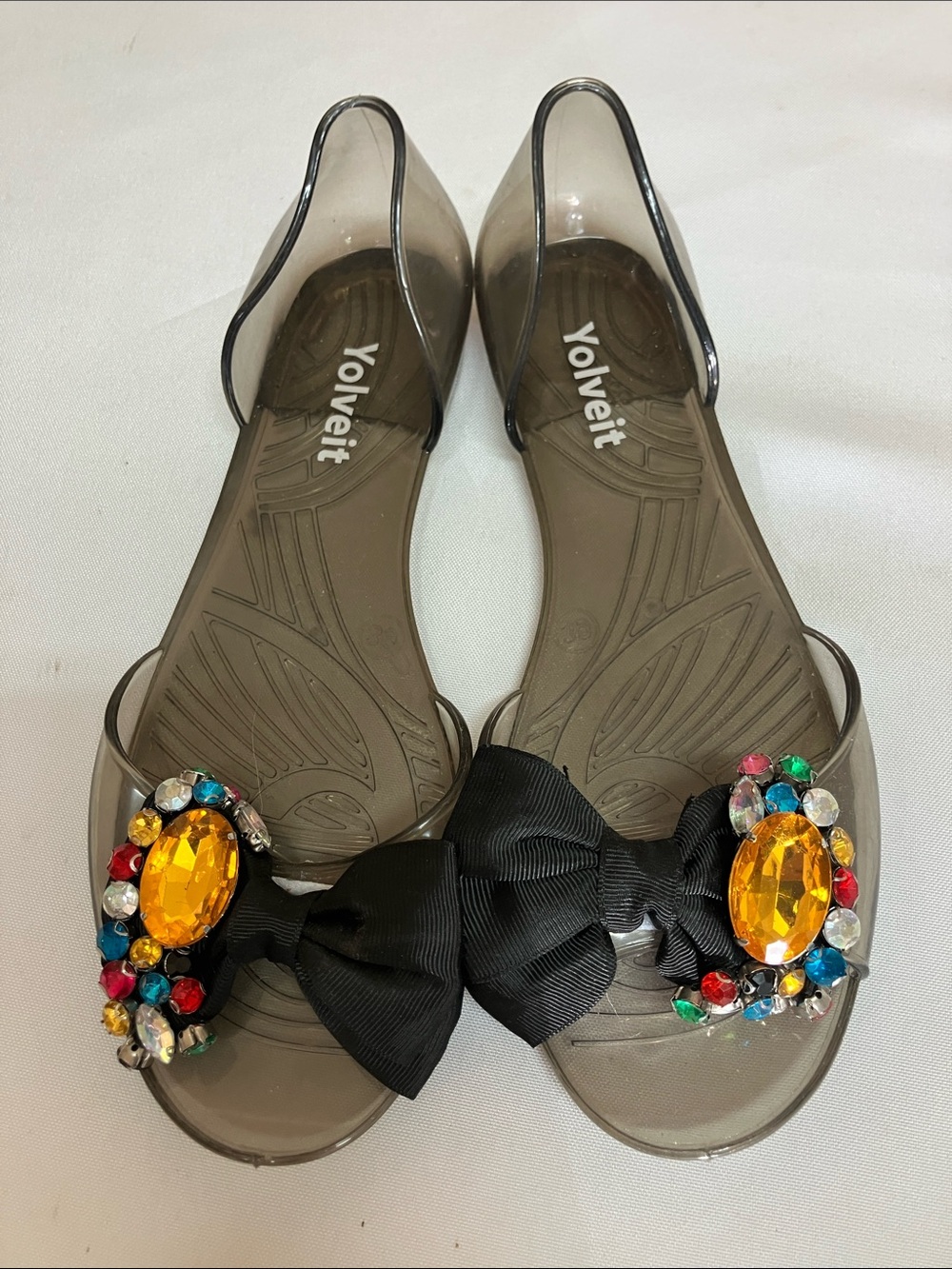Black Jelly Bow Sandals with Gem Embellishments